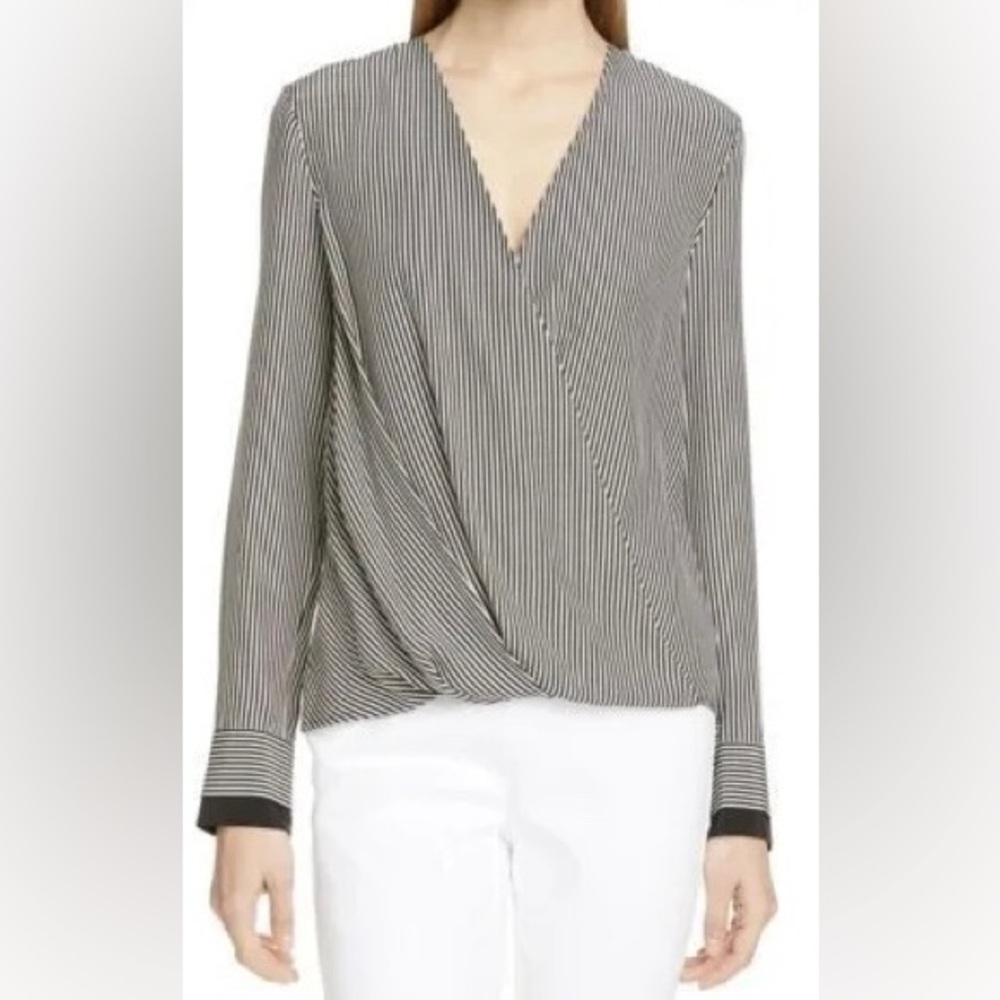 Rag & Bone Women Top Blouse Victor Wrap Striped Silk Black SMALL